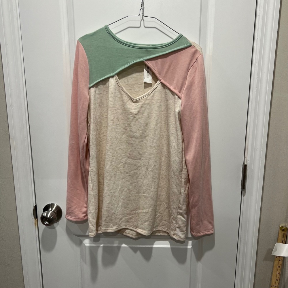 BiB! Color Block Cut Out V Neck Long‎ Sleeve Top Oatmeal Pink Mint M